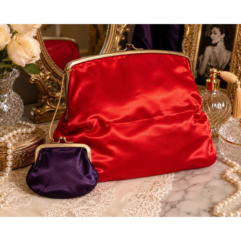 Vintage Bud Baker Creation Red Satin Evening Clutch Purse w Coin Purse 1950s